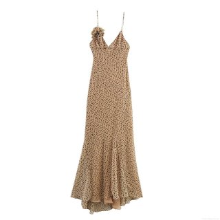 Elegant Women Chiffon Polyester Polka Dot Maxi Dress With 3D Flower Decoration V Neck Spaghetti Strap Fishtail Evening Party Long Dress