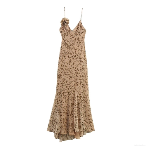 Elegant Women Chiffon Polyester Polka Dot Maxi Dress With 3D Flower Decoration V Neck Spaghetti Strap Fishtail Evening Party Long Dress