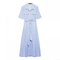 Women Elegant Blue And White Vertical Striped Shirt Dress Casual Short Sleeve Maxi Dress With Waist Tie Belt And Double Pockets For Daily Office Commute