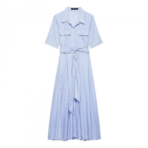Women Elegant Blue And White Vertical Striped Shirt Dress Casual Short Sleeve Maxi Dress With Waist Tie Belt And Double Pockets For Daily Office Commute