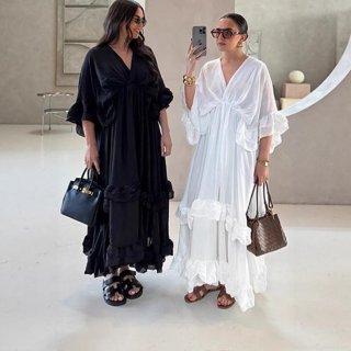 Women's V Neck Ruffle Maxi Dress Elegant Polyester Chiffon Flare Sleeve Backless High Waist Multi Layer Cake Skirt Summer Vacation Beach Party Dress