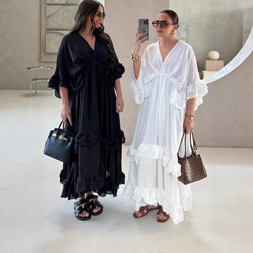 Women's V Neck Ruffle Maxi Dress Elegant Polyester Chiffon Flare Sleeve Backless High Waist Multi Layer Cake Skirt Summer Vacation Beach Party Dress