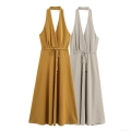 Women Halter Neck Deep V Backless Maxi Dress Elegant Belted Sleeveless A-line Long Dress For Summer Party Vacation Solid Color Sexy Dress