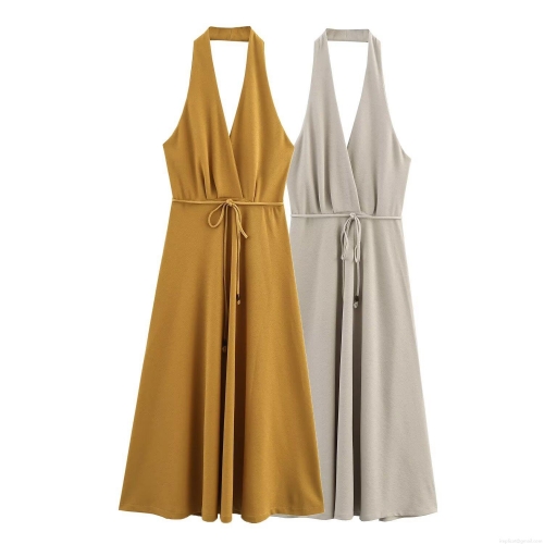 Women Halter Neck Deep V Backless Maxi Dress Elegant Belted Sleeveless A-line Long Dress For Summer Party Vacation Solid Color Sexy Dress