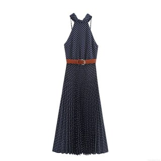 Women's Maxi Dress Polyester Polka Dot Print Halter Neck Sleeveless Pleated Long Sun Dress For Summer Vacation Party Elegant Retro Style With Brown Belt
