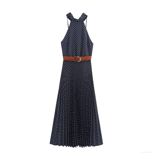 Women's Maxi Dress Polyester Polka Dot Print Halter Neck Sleeveless Pleated Long Sun Dress For Summer Vacation Party Elegant Retro Style With Brown Belt