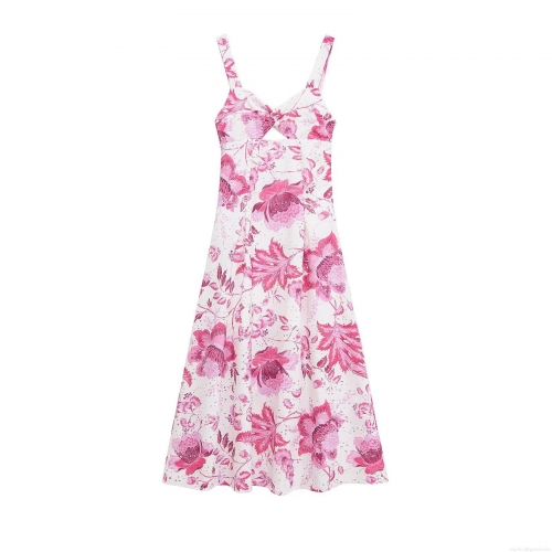 Women's Elegant Eyelet Embroidery Floral Print Maxi Dress Spaghetti Strap V Neck Cutout Backless Summer Vacation Party Lady Dress