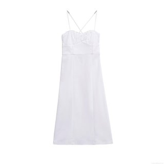 Women's Elegant White Backless Maxi Dress Spaghetti Strap V-Neck Lace Trim Ruffle Side Zipper Summer Party Night Sleeveless Evening Long Dress