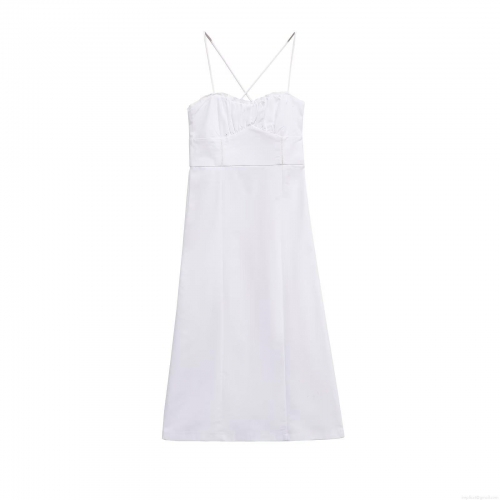 Women's Elegant White Backless Maxi Dress Spaghetti Strap V-Neck Lace Trim Ruffle Side Zipper Summer Party Night Sleeveless Evening Long Dress