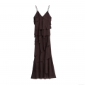 Women's Sexy V-Neck Tiered Maxi Dress Elegant Spaghetti Strap Coffee Brown Polyester Ruffle Layered Long Dress For Evening Party Banquet Clubwear Vacation
