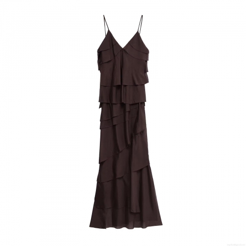Women's Sexy V-Neck Tiered Maxi Dress Elegant Spaghetti Strap Coffee Brown Polyester Ruffle Layered Long Dress For Evening Party Banquet Clubwear Vacation