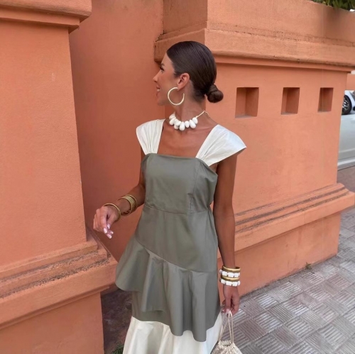 Elegant Patchwork Sleeveless Maxi Dress For Women Square Neck Tiered Ruffle Hem Cotton Blend Contrast Color Summer Vacation Party Long Dresses