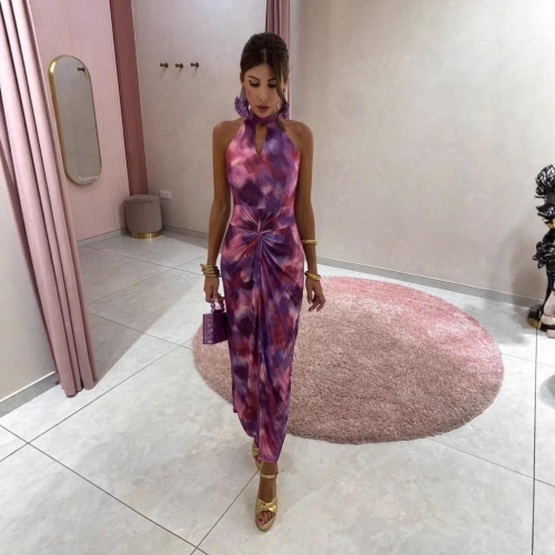 Women Elegant Halter Neck Maxi Dress Polyester Abstract Print Twisted Waist Sleeveless Slim Fit Long Dress For Party Vacation Sexy Backless Celebrity Style Clothing