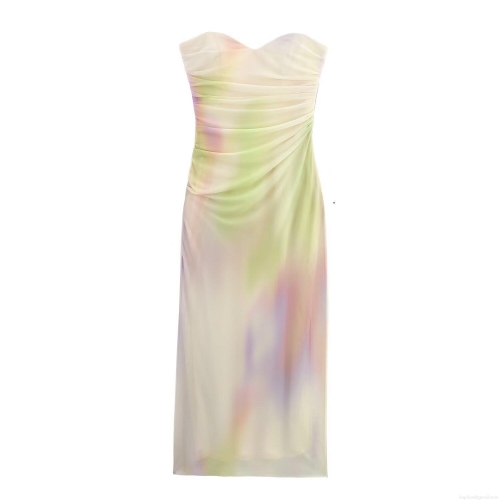 Women's Elegant Gradient Print Mesh Tube Top Maxi Dress With Sweetheart Neckline Ruched Slim Fit Long Dress For Banquet Party Prom Evening