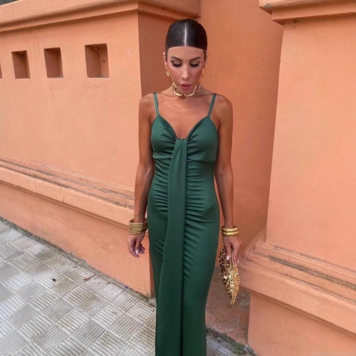 Women's Sexy Satin Maxi Dress Deep V-Neck Pleated Drape Cami Dress Sleeveless Bodycon Evening Gown For Party Wedding Guest Elegant Long Dress
