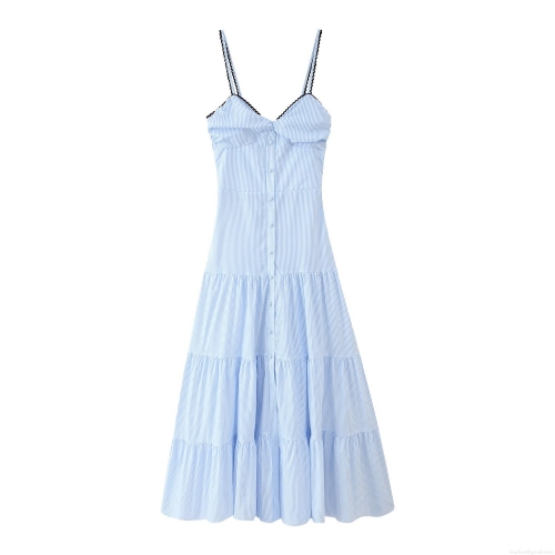 Women's Striped Maxi Dress V-Neck Spaghetti Strap Tiered Cake Skirt Casual Sleeveless Polyester Boho Beach Sundress For Summer Vacation