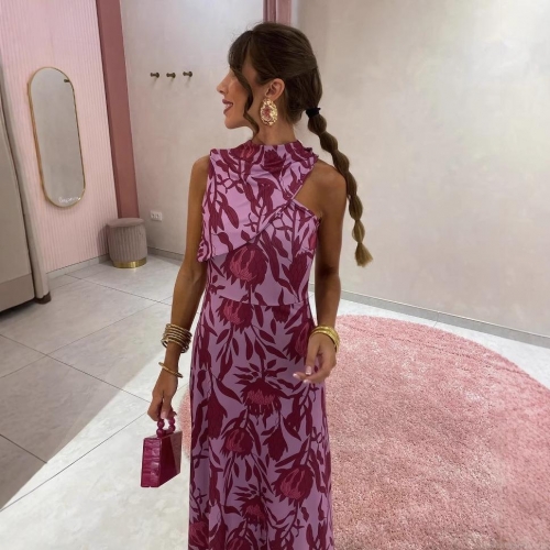 Women's Sleeveless Halter Neck Floral Print Maxi Dress Elegant Polyester Slim Fit Long Sundress for Summer Party Vacation Daily Wear