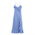 Women's Elegant Blue V-Neck Maxi Dress With Wood Bead Straps Ruffles Criss Cross Backless High Slit Polyester Linen Look Party Vacation Dress