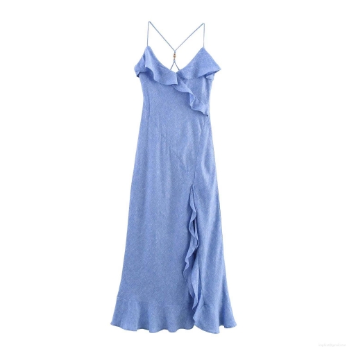 Women's Elegant Blue V-Neck Maxi Dress With Wood Bead Straps Ruffles Criss Cross Backless High Slit Polyester Linen Look Party Vacation Dress