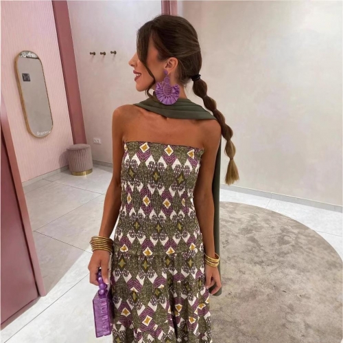 Women's Bohemian Tube Top Printed Maxi Dress Polyester Smocked Vacation Long Dress Floral Geometric Print Off Shoulder Beach Dress For Women