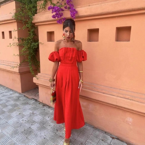 Women's Elegant Off Shoulder Ruched Maxi Dress Sexy Puff Sleeve Backless Bandeau Dress Vacation Beach Party Polyester Linen Texture Dress