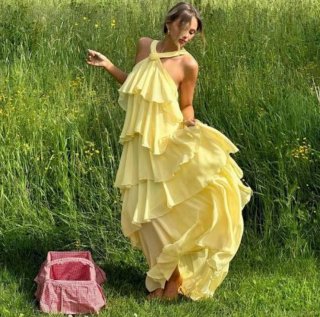 Women Elegant Halter Neck Tiered Chiffon Maxi Dress Stereoscopic Flower Decoration Backless Ruffle Layered Cake Dress For Summer Vacation Party