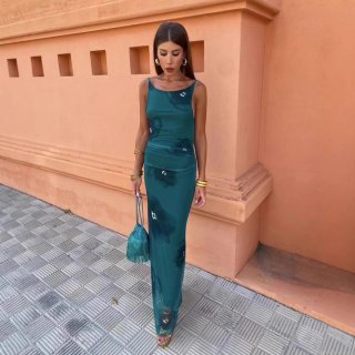 Women's Sexy Spaghetti Strap Maxi Dress Elegant Floral Print Bodycon Sleeveless Slim Fit Polyester Long Dress For Summer Party Evening Cocktail