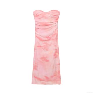 Women Strapless Ruched Mesh Maxi Dress Floral Print Gradient Sexy Bodycon Slim Fit Long Dress For Party Club Wedding Guest Elegant Summer Outfits