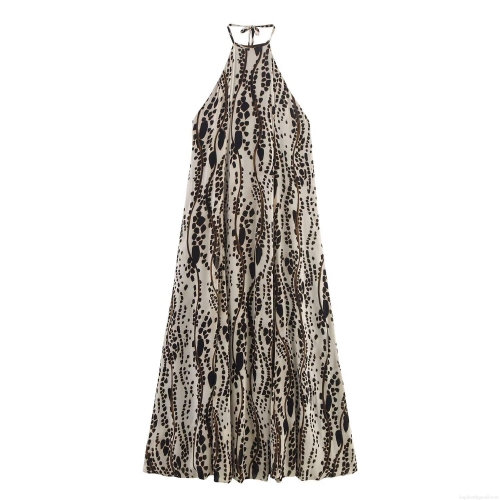 Women's Elegant Halter Neck Leopard Print Maxi Dress Sexy Backless Sleeveless Animal Pattern A-Line Long Dress For Party Evening Banquet