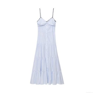 Women's Sweet Vacation Blue White Striped Camisole Maxi Dress V-Neck Lace Trim Tiered Cake Skirt Summer Sleeveless Casual Long Dress