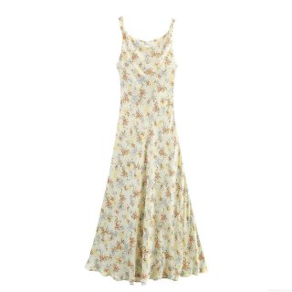 Women's Elegant Cowl Neck Spaghetti Strap Maxi Dress Floral Print Satin Silk Like Texture Summer Beach Party Long Dress