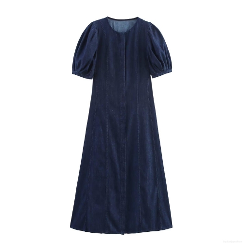 Women Dark Blue Denim Dress Puff Short Sleeve Round Neck Vintage Solid Color Maxi Dress Elegant Lady Casual Summer Long Dress