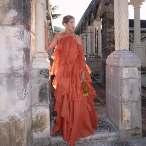 Women's Elegant Multi-Layered Ruffle Chiffon Halter Maxi Dress With 3D Rose Flower Decoration Backless Tiered Cake Skirt For Summer Party Vacation Wedding Evening Event