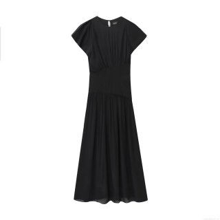 Women's Elegant Short Sleeve Maxi Dress Solid Color Pleated Patchwork Waist Tie Polyester A-Line Evening Party Gown Chic Lady Midi Dress