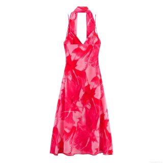 Women's Sexy Floral Print Halter Neck Backless Maxi Dress Elegant V-Neck Lace-Up Chiffon Long Dress For Summer Vacation Beach Party Pink Red