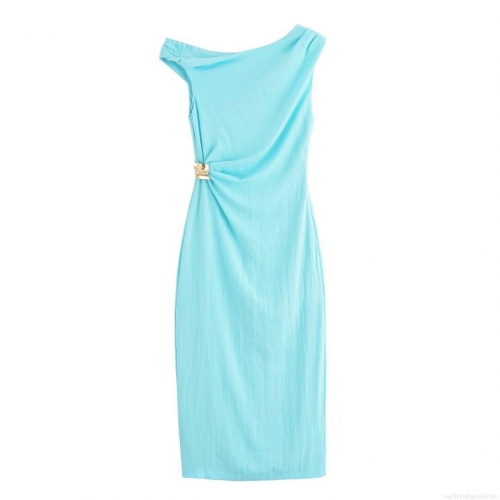 Women's One-Shoulder Maxi Dress Polyester Linen Texture With Metal Buckle Sleeveless Back Split Slim Fit Evening Party Wedding Celebrity Style Sky Blue Summer Dress