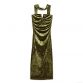 Elegant Halter V-Neck Ruched Velvet Maxi Dress For Women Slim Fit Moss Green Evening Party Bodycon Long Dress Solid Color Autumn Winter Dress