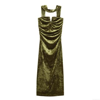 Elegant Halter V-Neck Ruched Velvet Maxi Dress For Women Slim Fit Moss Green Evening Party Bodycon Long Dress Solid Color Autumn Winter Dress