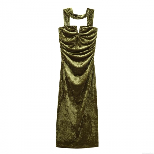 Elegant Halter V-Neck Ruched Velvet Maxi Dress For Women Slim Fit Moss Green Evening Party Bodycon Long Dress Solid Color Autumn Winter Dress