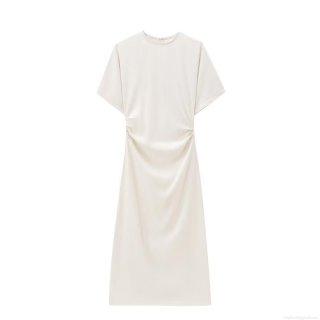 Elegant Women Pleated Bodycon Maxi Dress Short Sleeve Round Neck Slim Fit Evening Party Dating Dress With Back Zipper Slit Hem Polyester Cream White