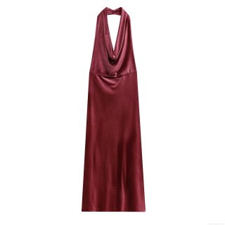 Women's Sexy Backless Velvet Halter Maxi Dress Wine Red Cowl Neck Sleeveless Evening Party Gown Elegant Formal Prom Dress