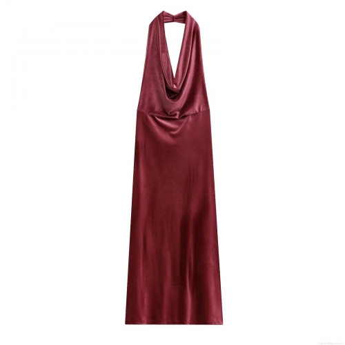 Women's Sexy Backless Velvet Halter Maxi Dress Wine Red Cowl Neck Sleeveless Evening Party Gown Elegant Formal Prom Dress