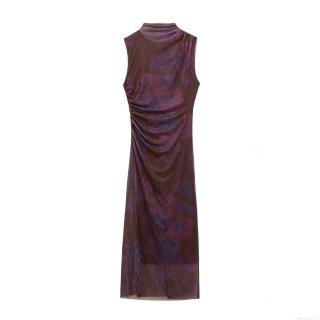 Women's Sleeveless Ruched Mesh Maxi Dress Abstract Floral Print Round Neck Elegant Slim Fit Long Bodycon Party Dress With Invisible Zipper