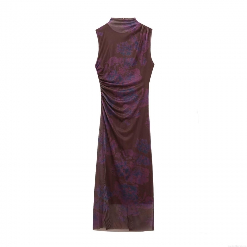 Women's Sleeveless Ruched Mesh Maxi Dress Abstract Floral Print Round Neck Elegant Slim Fit Long Bodycon Party Dress With Invisible Zipper