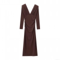 Elegant Women Ruched Maxi Dress Deep V Neck Shoulder Padded Long Sleeve Bodycon Solid Coffee Party Evening Long Dress