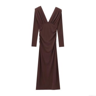Elegant Women Ruched Maxi Dress Deep V Neck Shoulder Padded Long Sleeve Bodycon Solid Coffee Party Evening Long Dress