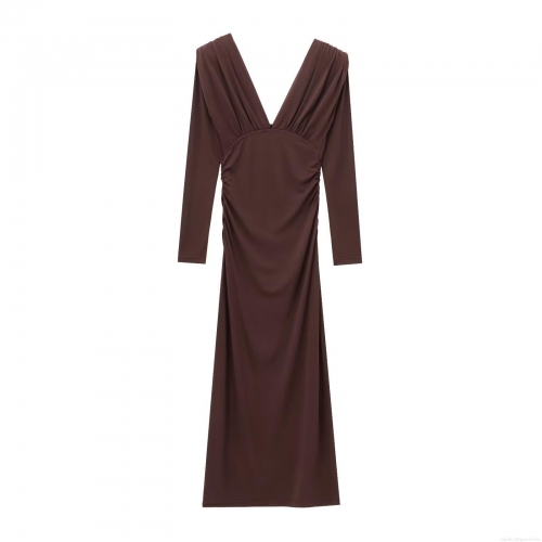 Elegant Women Ruched Maxi Dress Deep V Neck Shoulder Padded Long Sleeve Bodycon Solid Coffee Party Evening Long Dress