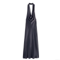 Women Backless Halter Maxi Dress Elegant Satin Silk Cowl Neck Sleeveless Solid Color Evening Party Banquet Celebrity Style Long Dress