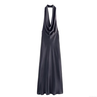 Women Backless Halter Maxi Dress Elegant Satin Silk Cowl Neck Sleeveless Solid Color Evening Party Banquet Celebrity Style Long Dress