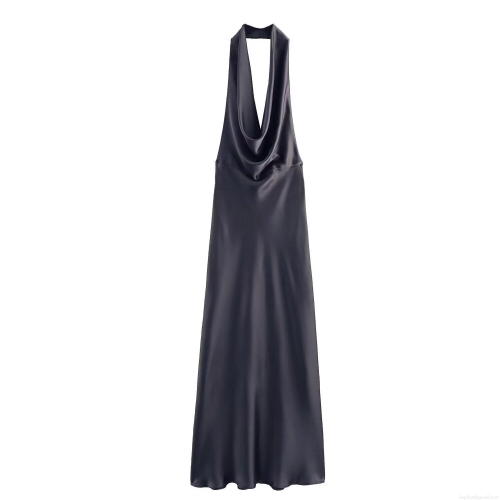 Women Backless Halter Maxi Dress Elegant Satin Silk Cowl Neck Sleeveless Solid Color Evening Party Banquet Celebrity Style Long Dress